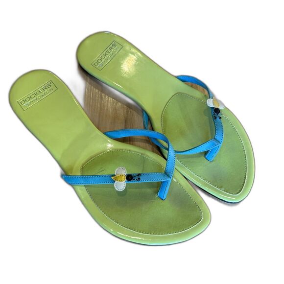 Vintage Dockers Bee Thong Sandals Lime Green Blue Y2K Retro Preppy Women 7-7.5 - Picture 1 of 10
